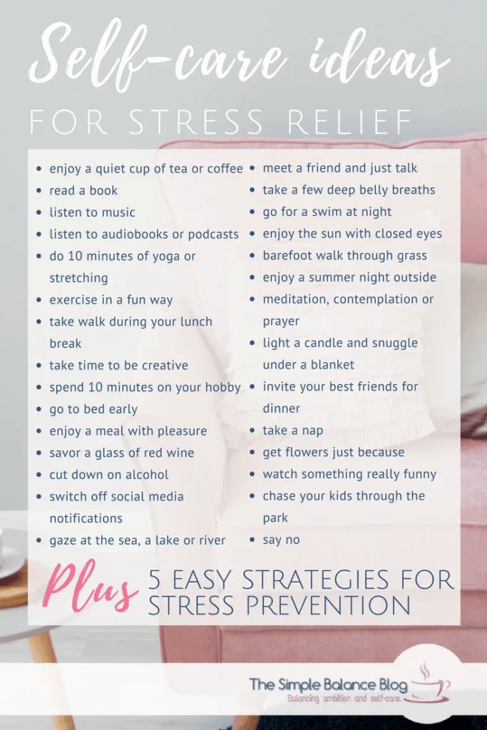 self care ideas for stress relied - bulleted list