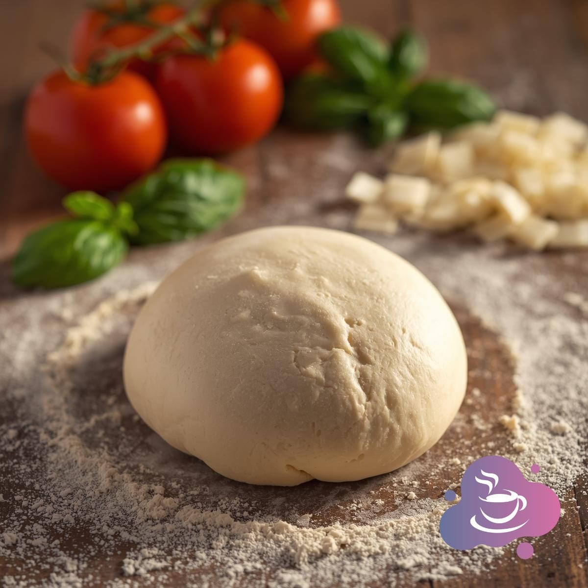 Fresh rustic pizza dough on floured board with tomatoes, basil, and cubed cheese