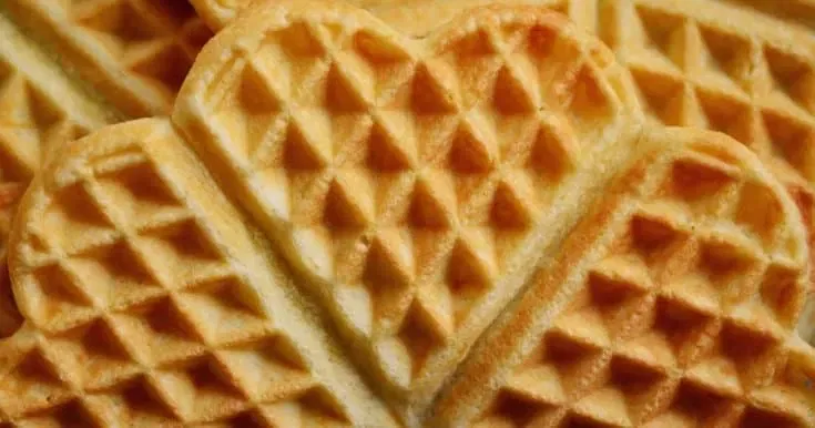 Golden heart-shaped waffles, perfectly crisp, ideal for breakfast topped with syrup or fruits.