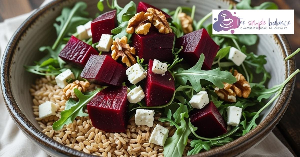 Vibrant Bulgur Salad with Beets, Arugula, Feta and Walnuts in a rustic bowl, healthy and colorful.