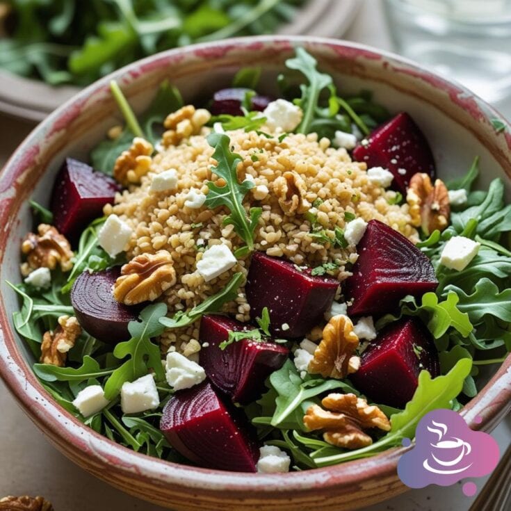 Colorful Bulgur Salad with Beets, Arugula and Feta features fresh greens, bulgur, walnuts, and herbs.