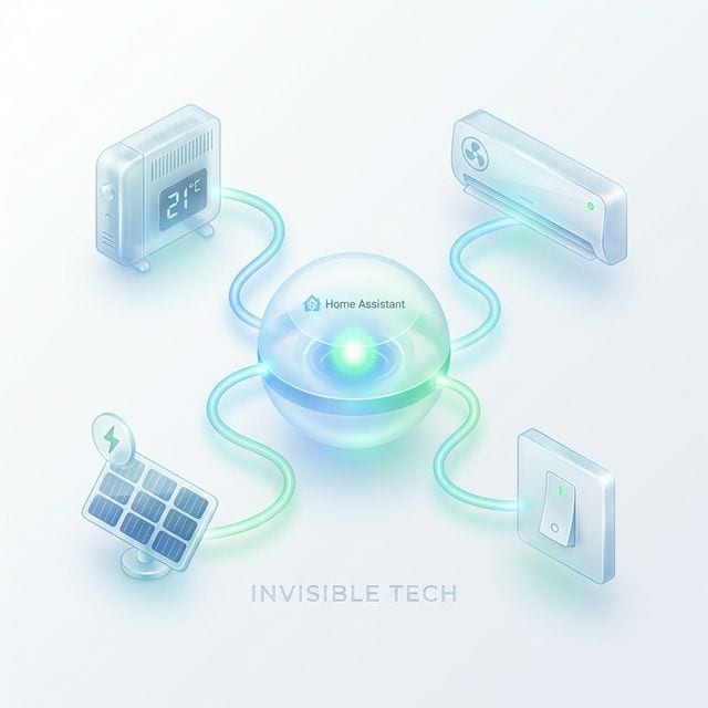 Concept_invisible_tech: Home Assistant hub connecting thermostat, router, switch, and solar battery.