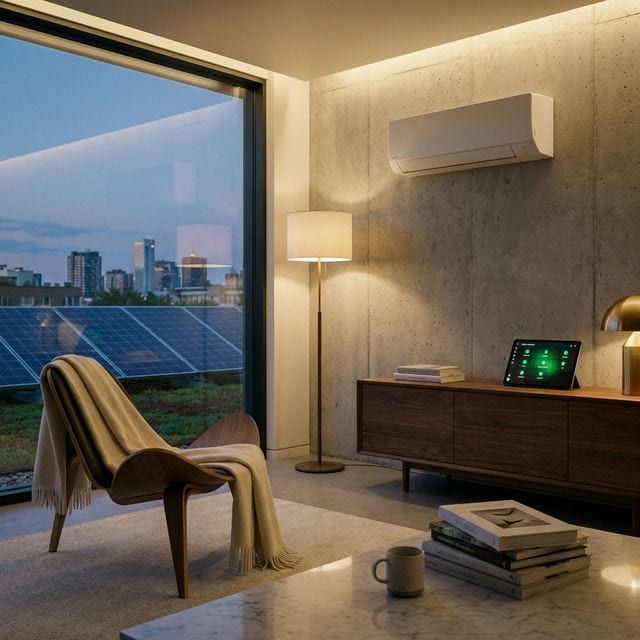 Hero_home_sanity modern simple smart home living room with solar panels and city skyline at dusk.