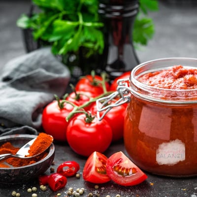 Vibrant fresh ingredients for homemade pizza sauce on a rustic kitchen countertop.