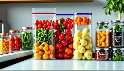 Vibrant fresh vegetables in clear bags on a modern kitchen countertop, showcasing culinary creativity.