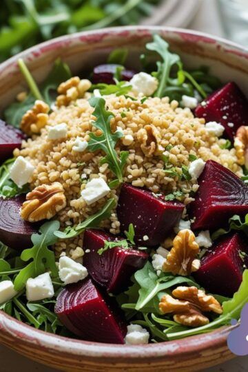 Colorful Bulgur Salad with Beets, Arugula and Feta features fresh greens, bulgur, walnuts, and herbs.