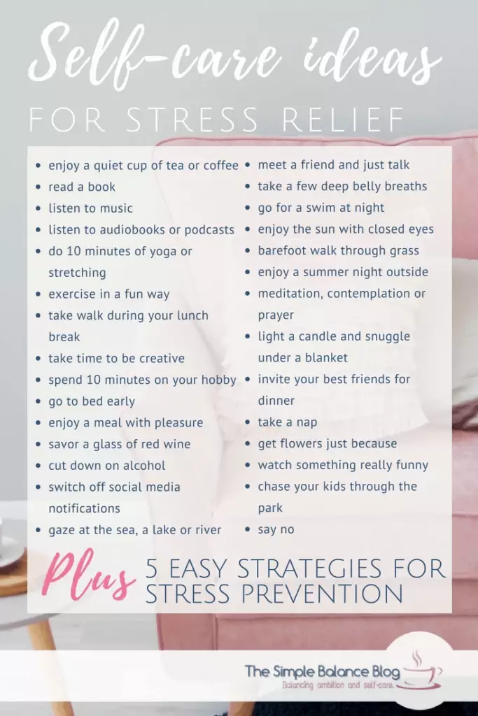 37 Easy self-care tips for busy days 3 self care ideas for stress relied - bulleted list