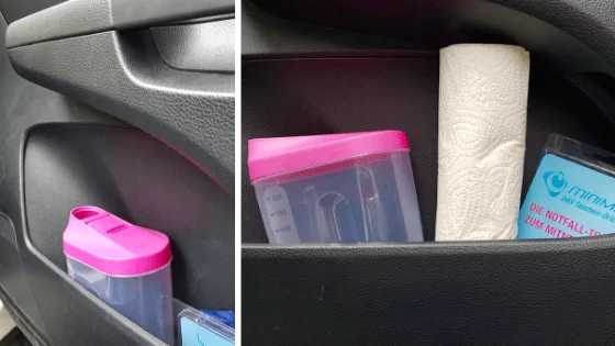 25 handy tips: Road trip with babies & toddlers 3 a plastic container and paper towel in a car