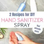 Cozy DIY hand sanitizer spray recipes on a rustic background with greenery and candles.