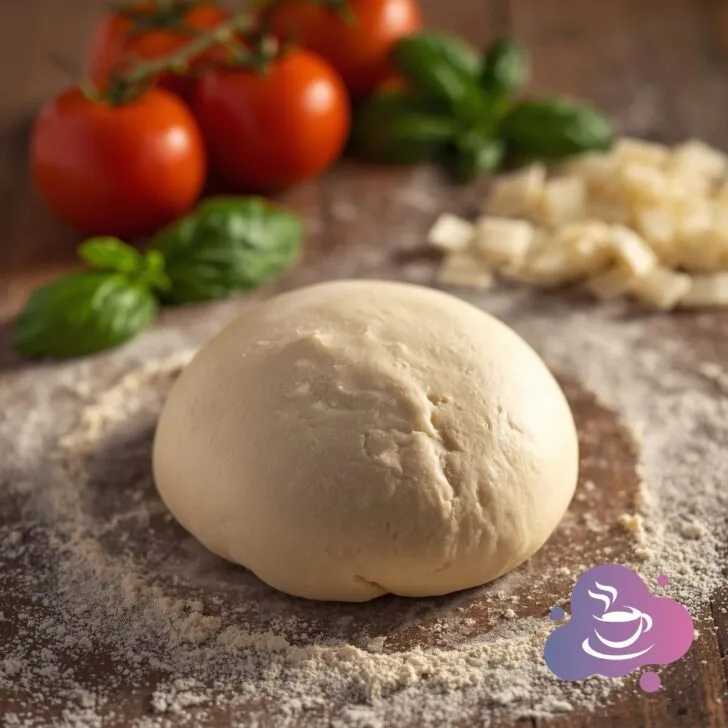 Fresh rustic pizza dough on floured board with tomatoes, basil, and cubed cheese