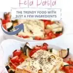 Baked feta pasta with vibrant vegetables in creamy sauce, served in elegant white bowls.