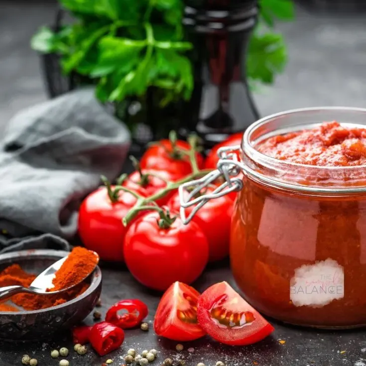 Vibrant fresh ingredients for homemade pizza sauce on a rustic kitchen countertop.