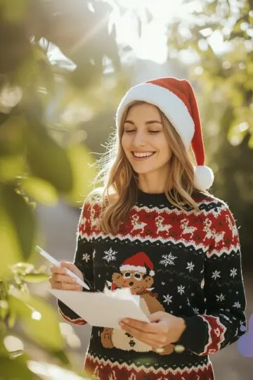 How Early Christmas Planning Can Reduce Holiday Stress 19 Woman in festive sweater writing notes.