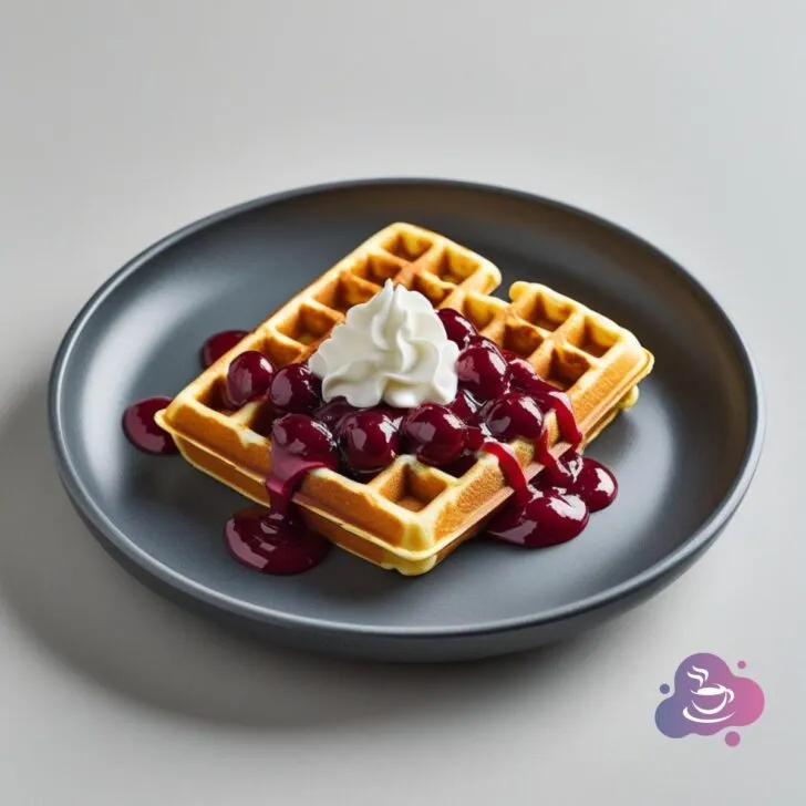Delicious German waffles topped with cherry sauce and whipped cream make a tempting breakfast treat.