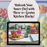 Laptop displaying vibrant kitchen hacks with organized fresh ingredients and meal prep containers.