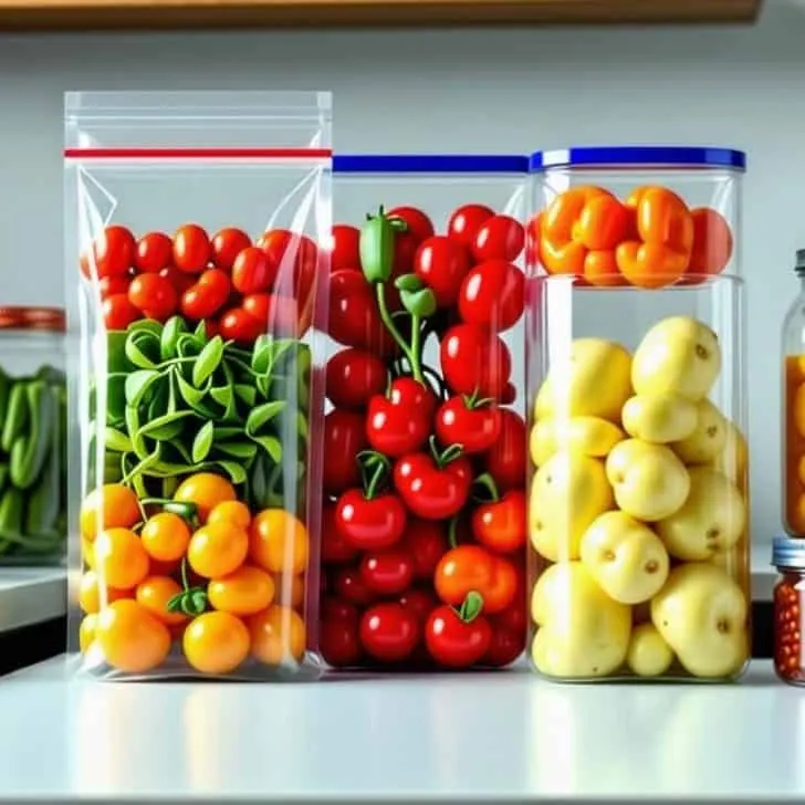 Vibrant fresh vegetables in clear bags on a modern kitchen countertop, showcasing culinary creativity.