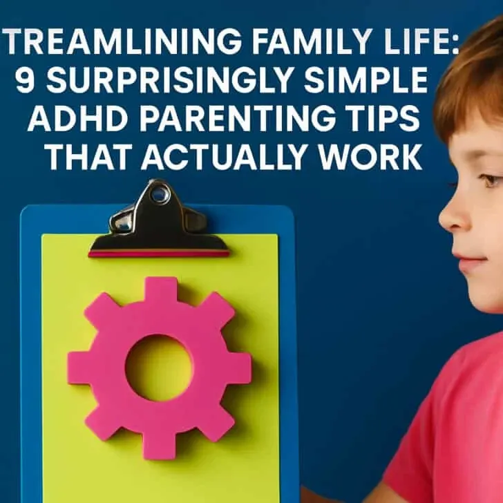 Young boy in pink shirt focused on clipboard with ADHD parenting tips and colorful gear design.