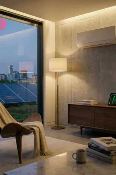 Smarthome post: modern living room with smart home devices, solar panels.