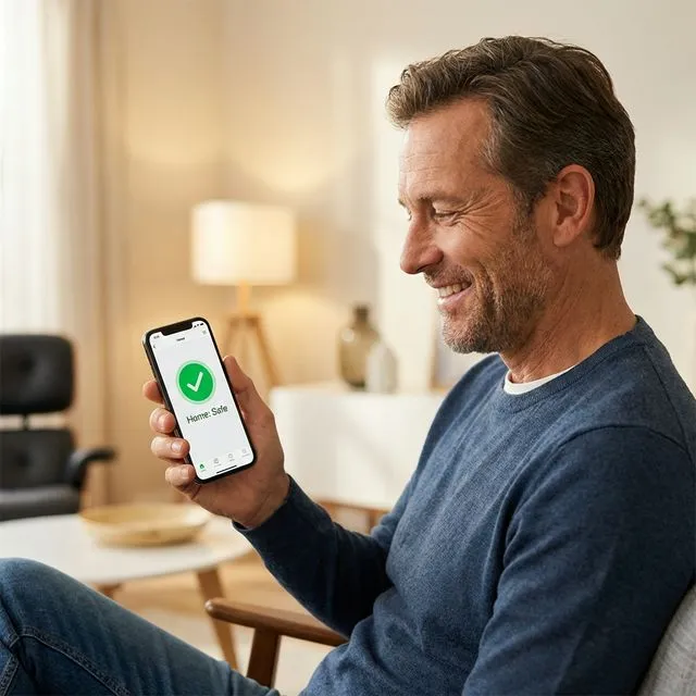 Why I Finally Switched to a Smart Home (And How It Saved My Sanity) 3 Lifestyle_relieved_man smiling at smartphone confirmation, relaxed man at home.