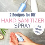 Cozy DIY hand sanitizer spray recipes on a rustic background with greenery and candles.
