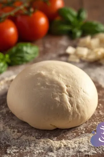 Fresh rustic pizza dough on floured board with tomatoes, basil, and cubed cheese