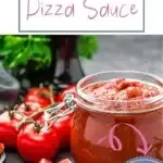 Homemade Italian pizza sauce label with fresh tomatoes, basil, and vibrant design for culinary enthusiasts.