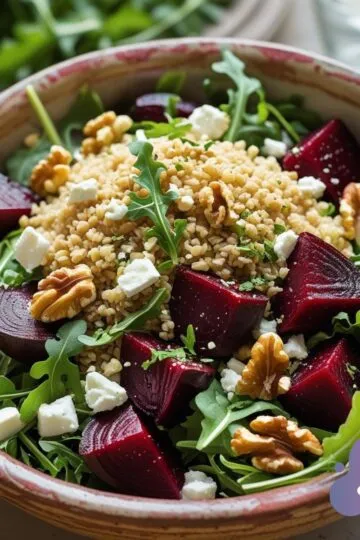 Colorful Bulgur Salad with Beets, Arugula and Feta features fresh greens, bulgur, walnuts, and herbs.