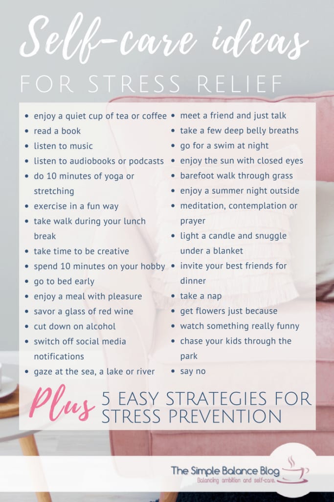 37 Easy self-care tips for busy days 3 self care ideas for stress relied - bulleted list