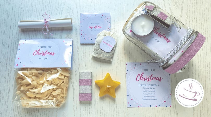 DIY gift idea: 15 Minutes of Christmas in a jar 2 Spirit of Christmas in a jar elements laid out on a board
