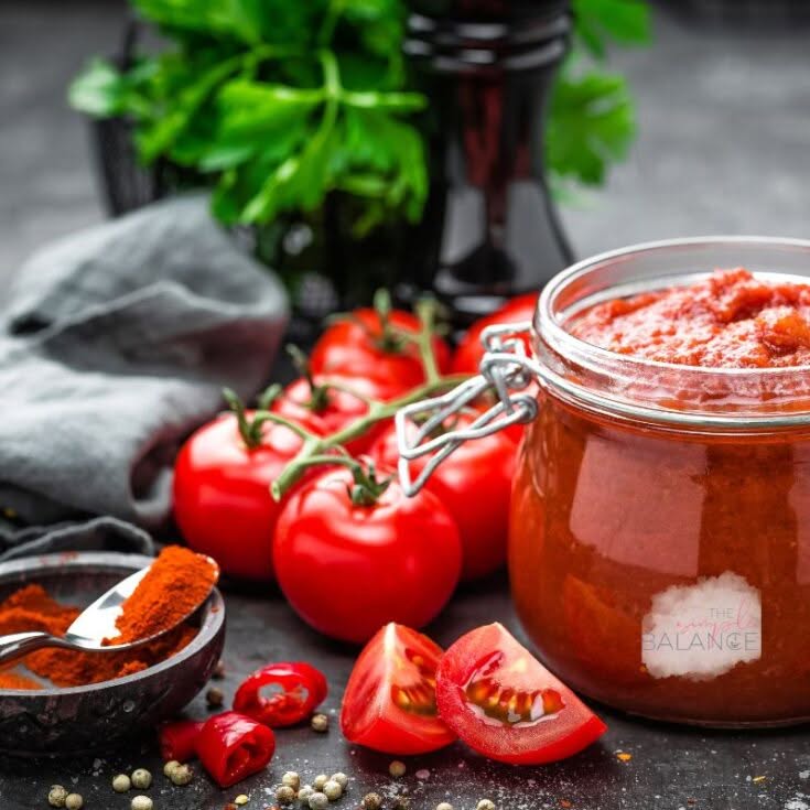 Vibrant fresh ingredients for homemade pizza sauce on a rustic kitchen countertop.