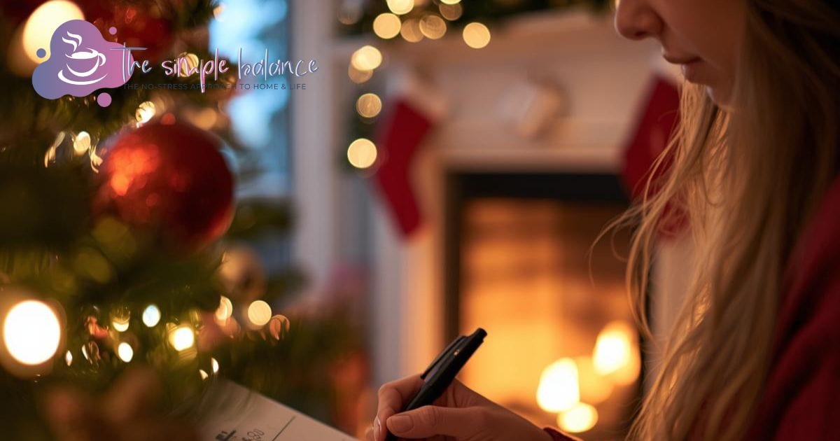 Woman writing near Christmas tree