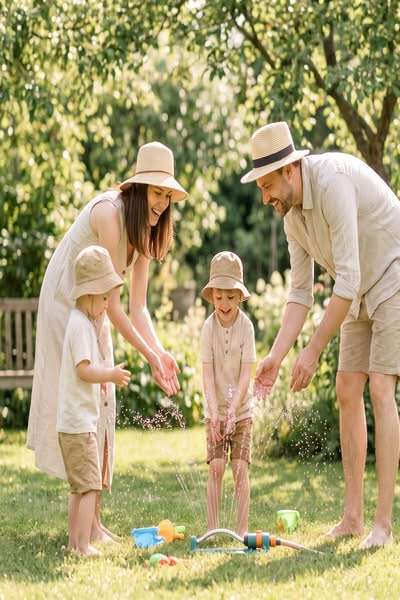 15 Simple Tips to Survive a Heat Wave (That Actually Work) 1 Family with kids relaxing in a shady garden, using water and sun hats to stay cool from the heat